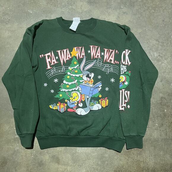 Vintage 90s Looney Tunes Green Christmas Sweatshirt - Picture 1 of 4